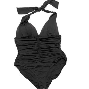 Athleta One Piece Swimsuit Black Ruched Halter Size Large
